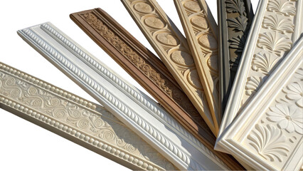 Poster - Different colored and textured polyurethane moldings are displayed, showcasing a variety of intricate designs for interior decoration with a transparent background