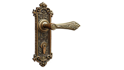 Poster - Elegant vintage door handle showcasing intricate floral patterns on a transparent background. The antique brass finish enhances its classic appeal, perfect for period style interiors