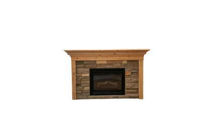 Poster - Modern stone fireplace with wooden mantle, providing warmth and style to any living space, isolated on transparent background, perfect for interior design projects