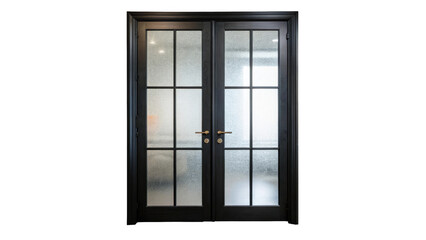 Aufkleber - Elegant black double door with frosted glass panels, allowing light to filter through while ensuring privacy, isolated on a transparent background for interior design use
