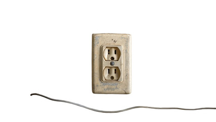 Poster - Vintage electrical outlet featuring two sockets and exposed wiring, set against a transparent background. The aged appearance highlights wear and the passage of time