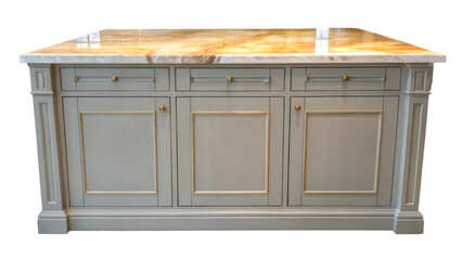 Aufkleber - Contemporary kitchen island featuring a luxurious marble countertop and sleek grey cabinets with elegant gold accents, isolated on a transparent background for design visualizations