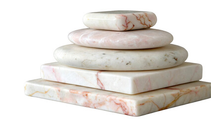 Fototapete - Five marble coasters, varying in shape and size, are stacked to create a pyramid shape against a transparent background, showcasing the natural beauty and veining of the stone