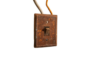 Poster - Close up of a rusty light switch hanging with exposed wires, isolated on a transparent background, highlighting its age and potential safety hazard