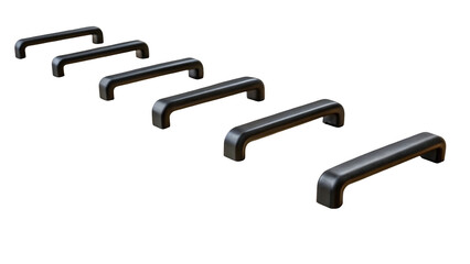 Poster - Six black drawer handles are arranged diagonally on a transparent background, increasing in size from left to right, creating a sense of progression and depth
