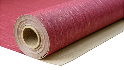Aufkleber - Red wallpaper roll unrolling, revealing its textured surface and the wooden surface beneath, against a transparent background, perfect for home decor projects