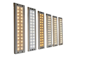 Aufkleber - Led light panels in various color temperatures arranged in a row. The lights range from warm to cool tones, set against a transparent background, highlighting their design and functionality