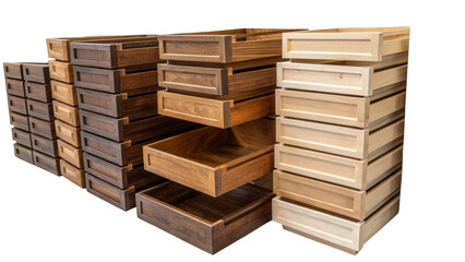 Aufkleber - Multiple wooden drawers are stacked in a neat arrangement, showcasing different wood tones and textures. The transparent background highlights the variety and craftsmanship of each piece