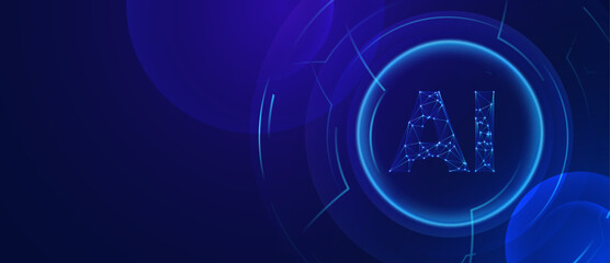 Glowing AI symbol in a futuristic blue circle on dark background, high technology background
