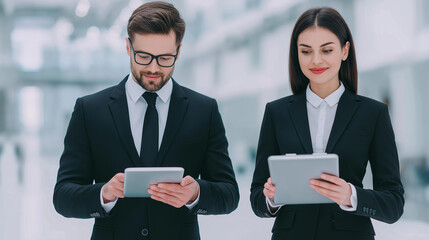 Poster - Two business people share a moment of joy while engaged with their tablets in a sleek office space filled with natural light, showcasing innovation and collaboration