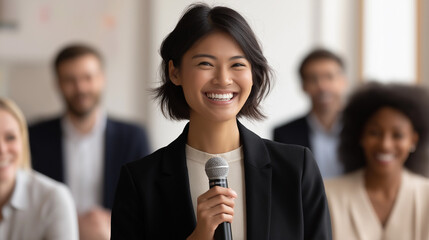 Fototapete - A confident businesswoman speaks into a microphone while presenting to a captivated audience in a sleek, contemporary conference room filled with natural light
