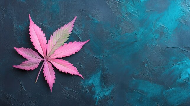 Vivid digital art of cannabis leaf in teal and pink gradients on dark textured background