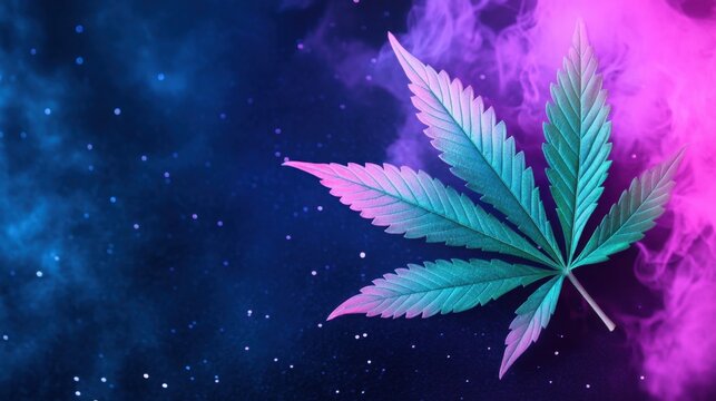 Vivid digital art of cannabis leaf in teal and pink gradients on dark textured background