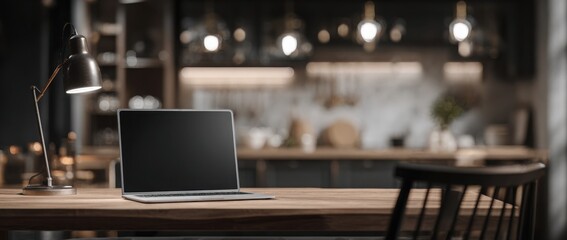 Fototapete - Stylish home office interior with a wooden desk, laptop, and lamp on it in a dark room with a blurred kitchen background.