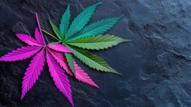 Vivid digital art of cannabis leaf in teal and pink gradients on dark textured background