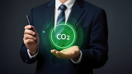 Poster - Business professional discussing co2 emissions impact office environment digital illustration corporate setting informative concept
