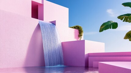 Poster - Waterfall emerging from geometric pink building with saturated blue backdrop