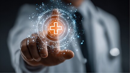 Poster - Doctor touches digital plus sign for innovative Healthcare technology