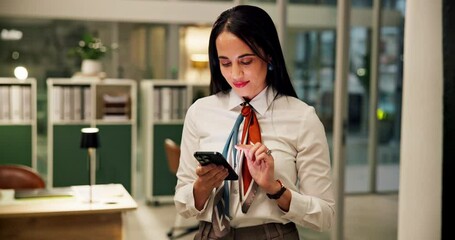 Poster - Night, smile and business woman with phone for journalism, scroll research or story publication. Mobile, deadline and worker in creative office for news report, article feedback or editing headline