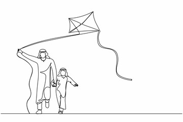 Poster - Single continuous line drawing Arabian father and son launching kite in the park. Happy young father and child boy spending free time together. Dynamic one line draw graphic design vector illustration
