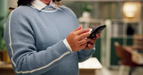 Poster - Night, hands and business woman with phone to scroll email for journalism, research or verify source. Mobile, deadline and worker in creative office for news report, fact checking or editing headline
