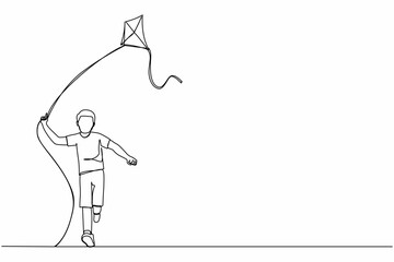 Poster - Continuous one line drawing active boy runs with kite. Happy little child playing outdoors. Running little kid boy while flying kite. Childhood. Single line draw design vector graphic illustration