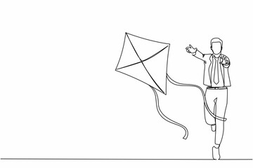 Poster - Single continuous line drawing active businessman runs with flying kite. Race for opportunities, catch dream metaphor, run business project. Dynamic one line draw graphic design vector illustration