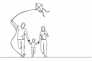 Poster - Single continuous line drawing family weekend with parents and child walking in the park. Fun family running, rest at nature on vacation. Dad, mom, and boy launches kite. One line draw design vector
