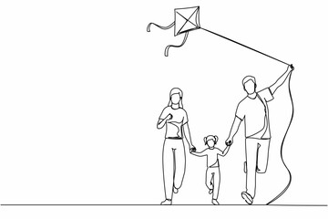 Poster - Continuous one line drawing family weekend with parents and child walking in park. Fun family running, rest at nature on vacation. Dad, mom, and daughter launches kite. Single line draw design vector