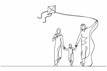 Poster - Single one line drawing Arab family weekend with parents and child walking in park. Fun family running, rest at nature on vacation. Dad, mom, daughter launches kite. Continuous line draw design vector