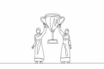 Poster - Single one line drawing two women holding golden goblet together. Winners celebrating victory. Arab businesswoman with prize, trophy cup. Celebration business team success. Continuous line draw design