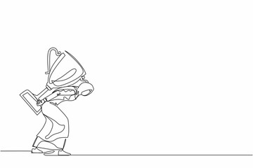 Poster - Continuous one line drawing heavy burden of victory business concept. Tired and disappointed Arabic businesswoman is carrying huge golden trophy on back. Single line design vector graphic illustration