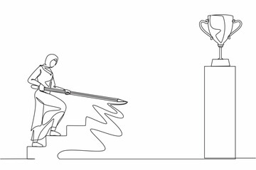 Poster - Single continuous line drawing Arabic businesswoman use huge pencil to draw rising up stairs, walk climbing up ladder, and try to reach trophy cup. Business development. One line graphic design vector