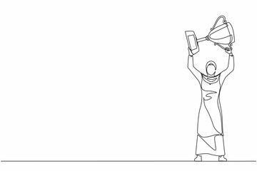 Poster - Single continuous line drawing Arabian businesswoman standing and lifting trophy. Career goal icon. Victory sign or symbol. Winner pose. Success, goal, achievement. One line draw graphic design vector