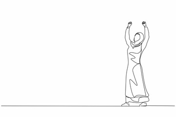 Poster - Single continuous line drawing Arabic businesswoman standing and raising hands or arms. Successful person. Career goal. Victory sign or symbol. Winner pose. One line graphic design vector illustration