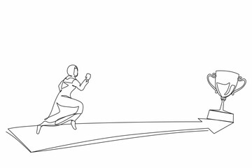 Poster - single one line drawing side view arabian businesswoman running to golden trophy. business direction