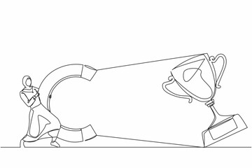 Poster - Single one line drawing Arabic businesswoman attracting big trophy with huge magnet. Victory sign. Success, achievement, business goals concept. Continuous line draw design graphic vector illustration
