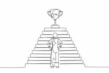 Poster - Continuous one line drawing Arabian businesswoman standing in front of staircase with trophy cup on the top. Path to success, goal, business vision. Single line draw design vector graphic illustration