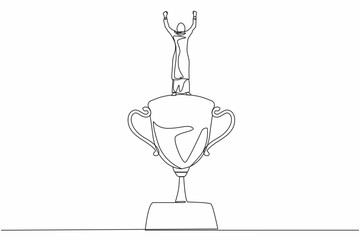 Poster - Single one line drawing back view Arabian businesswoman stand above trophy. Business metaphor of success and appreciation. Female celebrating her business award. Continuous line design graphic vector