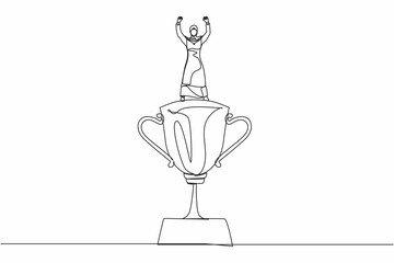 Poster - Continuous one line drawing Arab businesswoman raised hands and standing above trophy. Female celebrating her business award. Business metaphor of success, appreciation. Single line draw design vector
