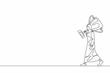 Poster - Continuous one line drawing Arabian businesswoman carry big trophy cup for winner as symbol of victory. Business concept of success and competition. Single line draw design vector graphic illustration