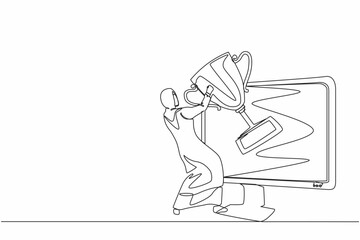 Poster - Single continuous line drawing Arabic businesswoman pulls out trophy cup from computer screen. Working on award winning project, freelance job, online work, winner. One line draw graphic design vector