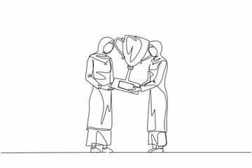 Poster - continuous one line drawing arabian businesswoman winner getting first prize. girl giving golden cup