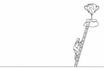 Poster - Single continuous line drawing Arab businesswoman climb to trophy over clouds. Female climbing ladder to success. Motivation concept to be successful. One line draw graphic design vector illustration