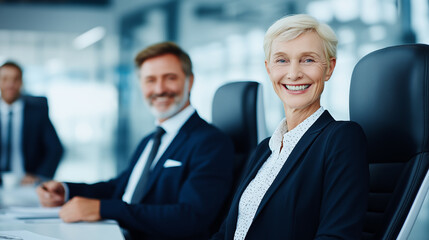 Poster - Two older executives sit in a contemporary office, smiling and engaging in strategic discussions. The atmosphere is professional, showcasing teamwork and collaboration