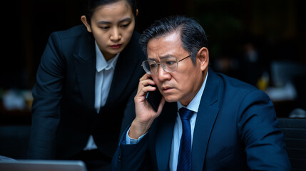 Poster - Two professionals collaborate at a business meeting, one using a laptop while the other speaks on a mobile phone. They appear focused and engaged in their tasks in a contemporary office