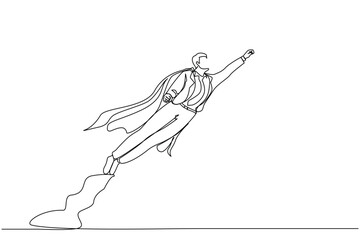 Poster - Single one line drawing super businessman raised fist and flying in the air. Concept superhero of business, financial, growth, career. Modern continuous line draw design graphic vector illustration