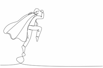 Poster - Single one line drawing superhero businessman parry blow. Man in superman costume and mantle standing after fight. Victory, winner concept. Modern continuous line design graphic vector illustration