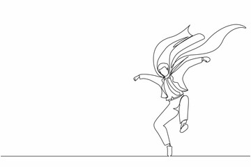 Poster - Continuous one line drawing male businessman superhero in cloak. Successful superhero landing from the sky. Leadership, challenge goal achievement. Single line draw design vector graphic illustration