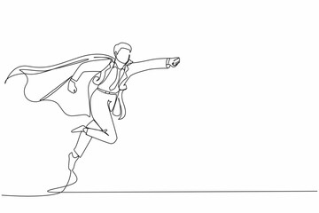 Poster - continuous one line drawing super businessman punches pose, employee superhero flying, business conc